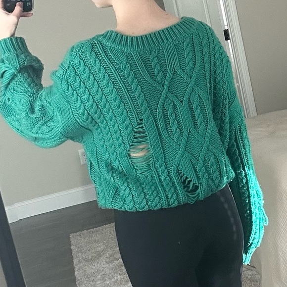Chunky Knit V-Neck Sweater | Ripped Torn Sweater | Kelly Green Sweater - Picture 2 of 7